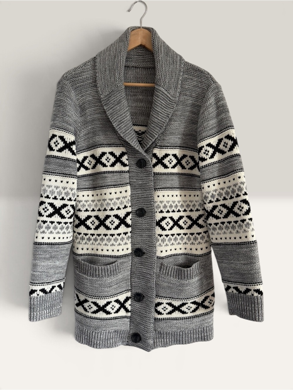 Grey Black & Cream Fair Isle Nordic Knit Shawl Collar Cardigan Sweater XL